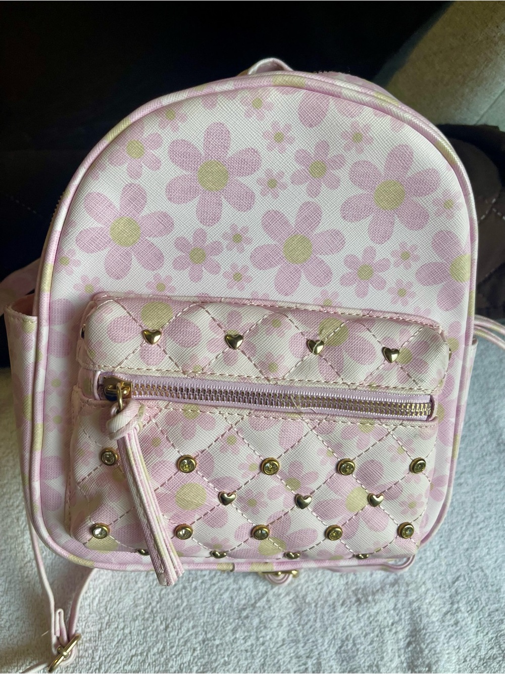 Pink Floral Mini Backpack with Gold Heart Studs